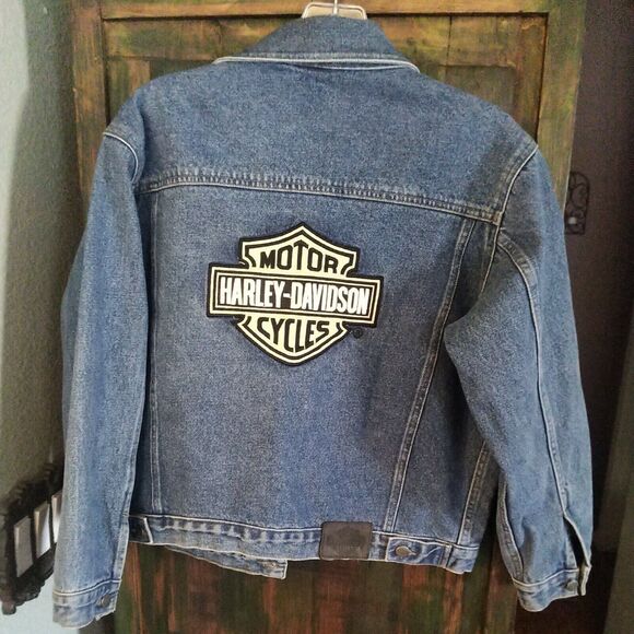 Harley Davidson Womens Patch Logo Distressed Jean Jacket Size L 14/16 $285 NICE! - Picture 1 of 12